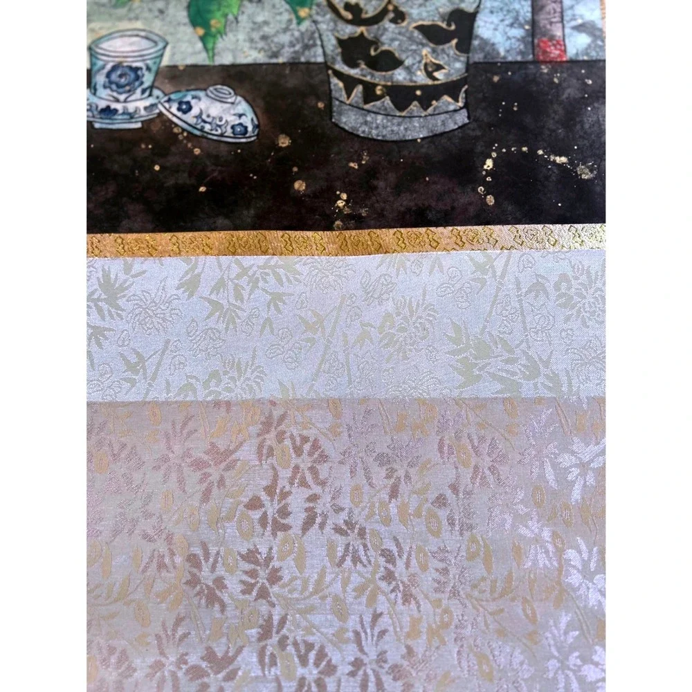 Vintage Asian Wall Scroll Yellow Peony Flower Silk‎ Brocade Porcelain Ends 48in